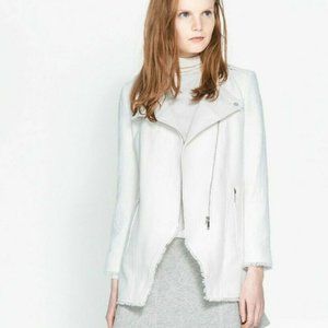 Zara White Biker Jacket with Leather Detailing M